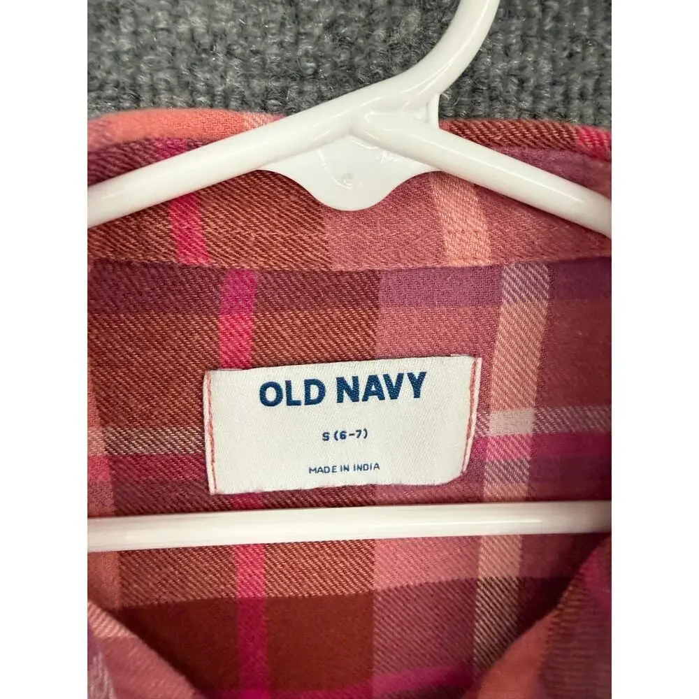 Old Navy Girls Plaid Flannel Button Up Shirt Size 6/7 Pink Cropped Boxy Cotton